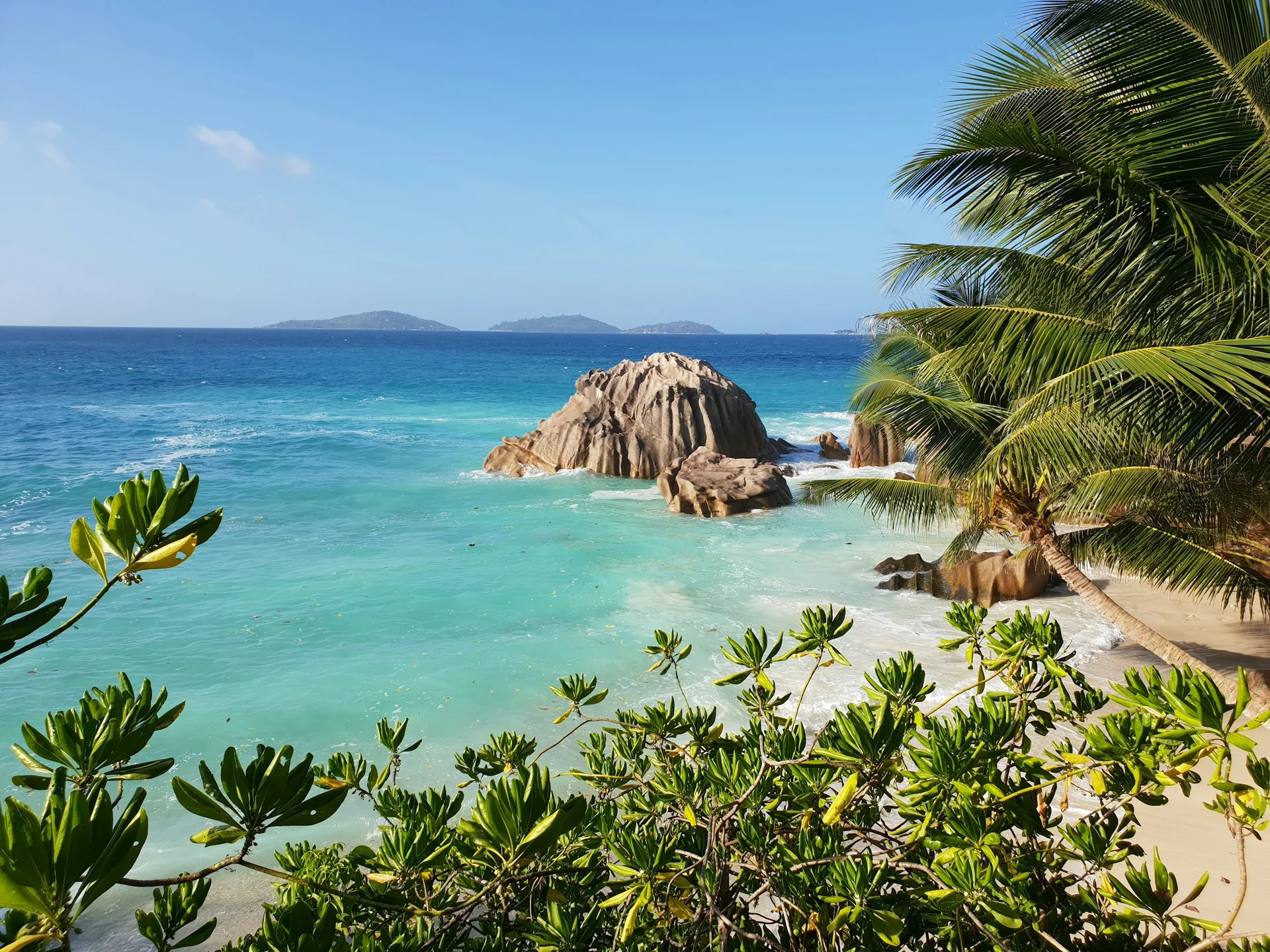 Granite rocks, palms and turquoise water on La Digue, Seychelles